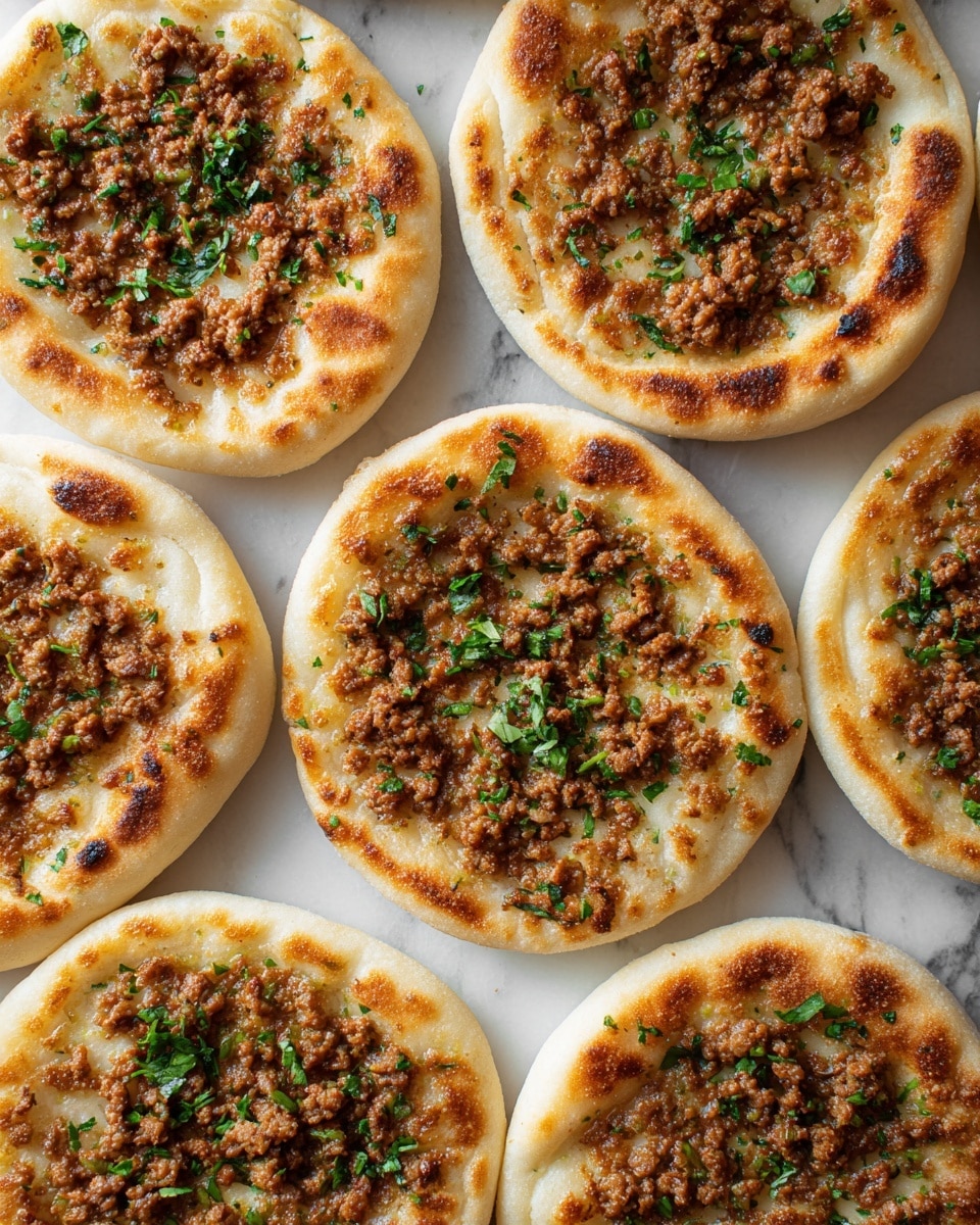 The image shows a neat arrangement of multiple small, round flatbreads topped with a layer of cooked minced meat filling. Each piece has a slightly puffed, golden-brown crust edge with a soft, light beige center where the meat sits. The minced meat layer is dense, uneven in texture, and brown with small visible green herb bits mixed inside. The flatbreads are lined up in four rows on a white marbled surface, giving a uniform and hearty look. The photo taken with an iphone --ar 4:5 --v 7