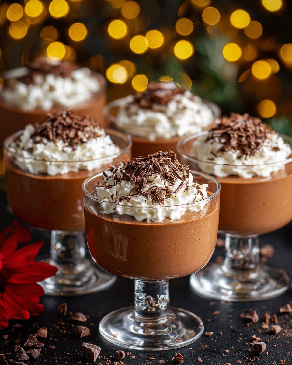 The image shows several servings of chocolate mousse in clear glass dessert cups, each with two visible layers: a thick, creamy light brown chocolate mousse filling the bottom and middle, topped with a swirl of white whipped cream. The mousse has a smooth texture, and the whipped cream is soft and fluffy with small chocolate shavings sprinkled on top. The glasses are placed on a surface with a sparkling, blurred gold and silver background creating a festive look, and a red flower petal is visible in the lower left corner. photo taken with an iphone --ar 4:5 --v 7