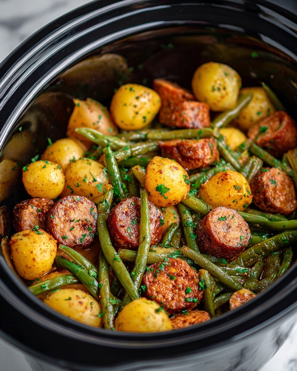 This image shows a dish inside a black slow cooker filled with three main layers: the bottom layer has small golden-yellow potato halves with a shiny, cooked texture; the middle layer contains sliced pieces of reddish-orange sausage with a slightly crispy outside, mixed evenly throughout; the top layer consists of green beans that are soft and glossy, scattered around the sausage and potatoes. All ingredients are sprinkled with finely chopped green herbs, and there is a light sauce that gives a wet look to the whole dish. The slow cooker is on a white marbled surface with a glimpse of a silver fork at the edge. Photo taken with an iphone --ar 4:5 --v 7