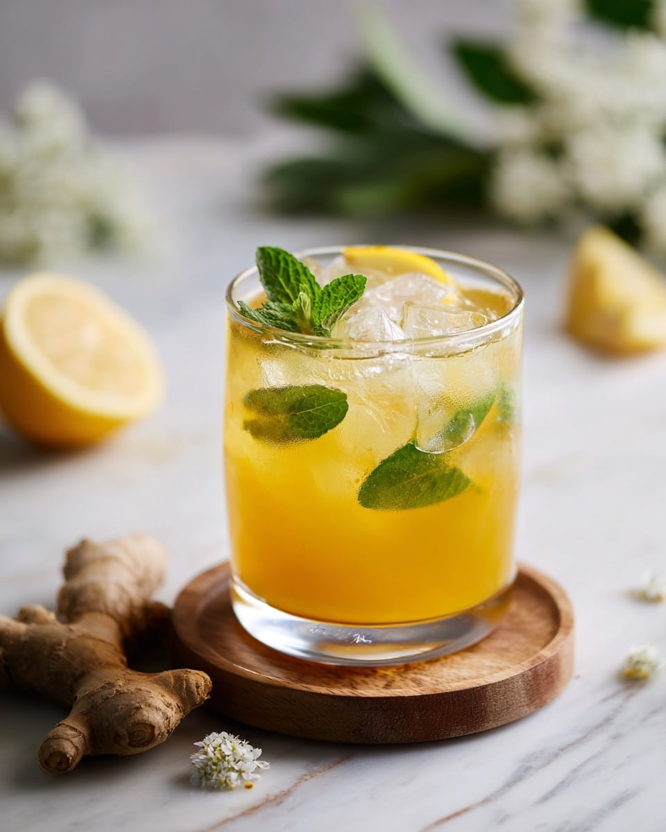 A clear glass sits on a round wooden board on a white marbled surface, filled with a golden yellow drink. Inside the drink are green mint leaves scattered among several ice cubes. A bright yellow lemon wedge is placed on the rim of the glass, adding a fresh touch. In the background, out-of-focus elements include more lemon halves, ginger roots, and green herbs, creating a fresh and natural atmosphere. Photo taken with an iphone --ar 4:5 --v 7