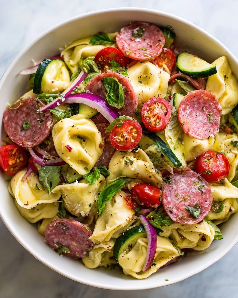 A white bowl filled with a fresh pasta salad showing about three layers: the bottom layer has pale yellow tortellini with a smooth texture, the middle layer contains bright red cherry tomato halves and thin dark red slices of salami, and the top layer is scattered with small green basil leaves and thin rings of purple onion. The ingredients are mixed, with some pieces of cucumber adding a light green color and a slight crunch. The whole dish looks moist with a light coating of dressing, placed against a white marbled surface. Photo taken with an iphone --ar 4:5 --v 7