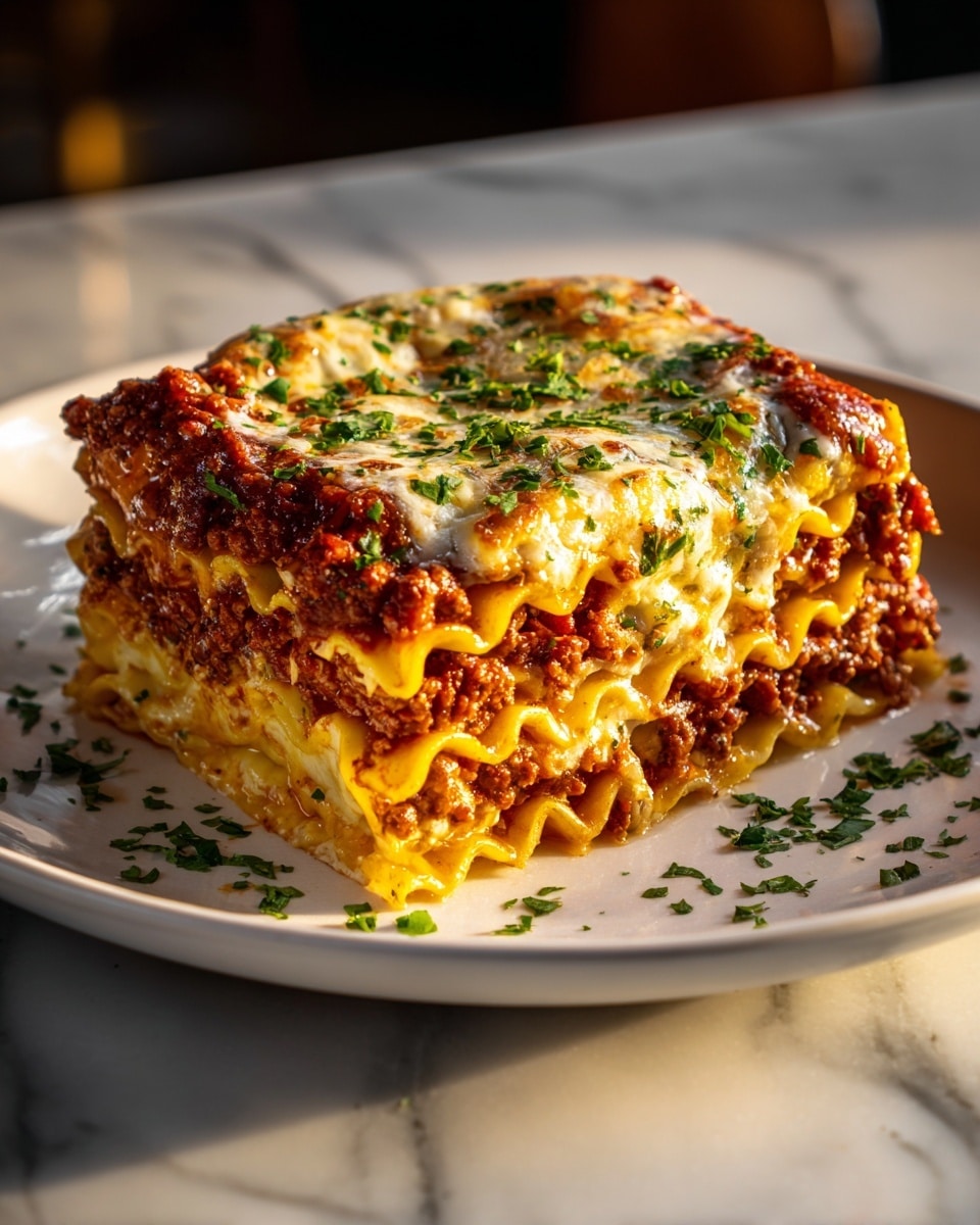 A close-up image of a single slice of lasagna placed on a white plate, featuring multiple visible layers: a bottom layer of flat yellow pasta sheets, followed by a thick layer of rich red tomato meat sauce, topped by a melted layer of golden-brown cheese with a sprinkle of fresh green chopped parsley on top and some parsley scattered around the plate. The plate is set against a white marbled surface. Photo taken with an iphone --ar 4:5 --v 7