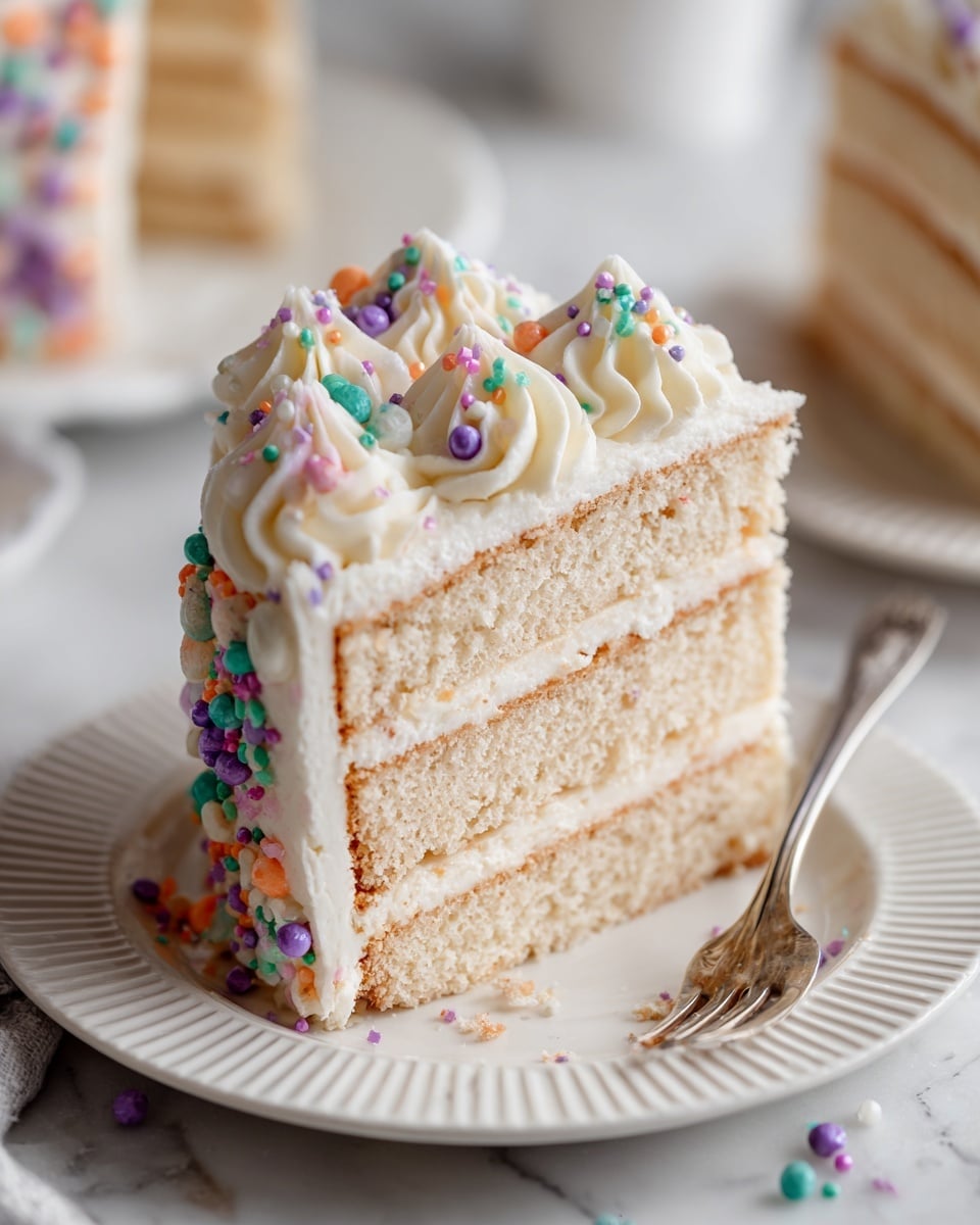 A close-up of a slice of white layer cake on a white plate with a white marbled surface. The cake has three thick layers of light, fluffy vanilla sponge separated by two thin white cream layers. The outside is covered with smooth white frosting, and there is a swirl of frosting decorated with colorful round and oblong sprinkles on one side of the slice. A silver fork lies near the slice on the plate. The focus is on the detailed texture of the cake crumbs and cream. Photo taken with an iphone --ar 4:5 --v 7