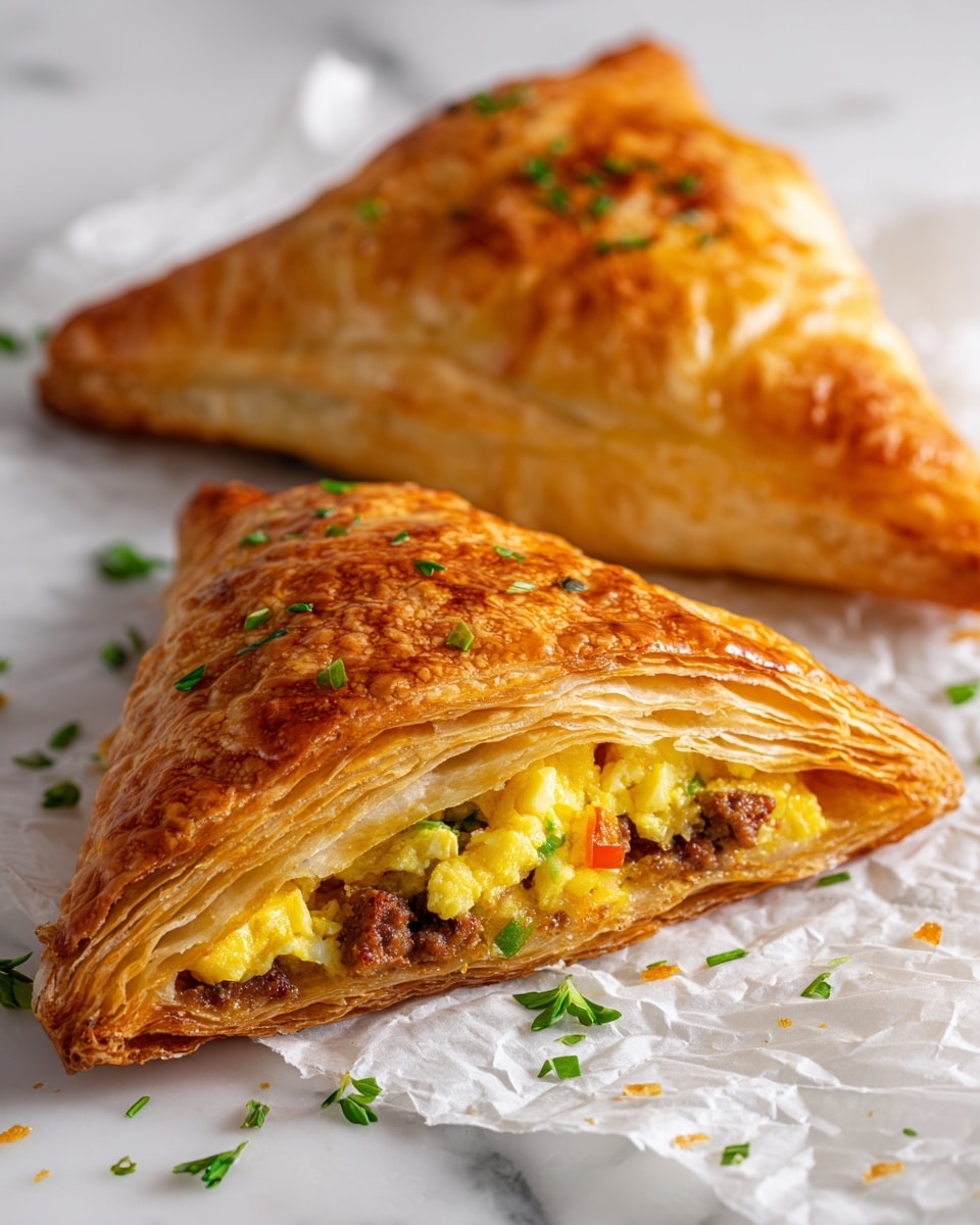 Two golden-brown puff pastries are placed on crinkled white parchment paper over a white marbled surface. The top pastry is triangular with multiple thin, flaky layers clearly visible on the side, revealing a soft, yellowish filling mixed with small brown bits peeking out. The bottom pastry is rectangular, also showing several flaky layers, with a filling that includes yellow scrambled eggs, small pieces of browned meat, and bright orange-red bits of bell pepper, all visible through the slightly pulled-back pastry edge. Small green herb pieces are scattered around the pastries, adding a fresh touch. Photo taken with an iphone --ar 4:5 --v 7