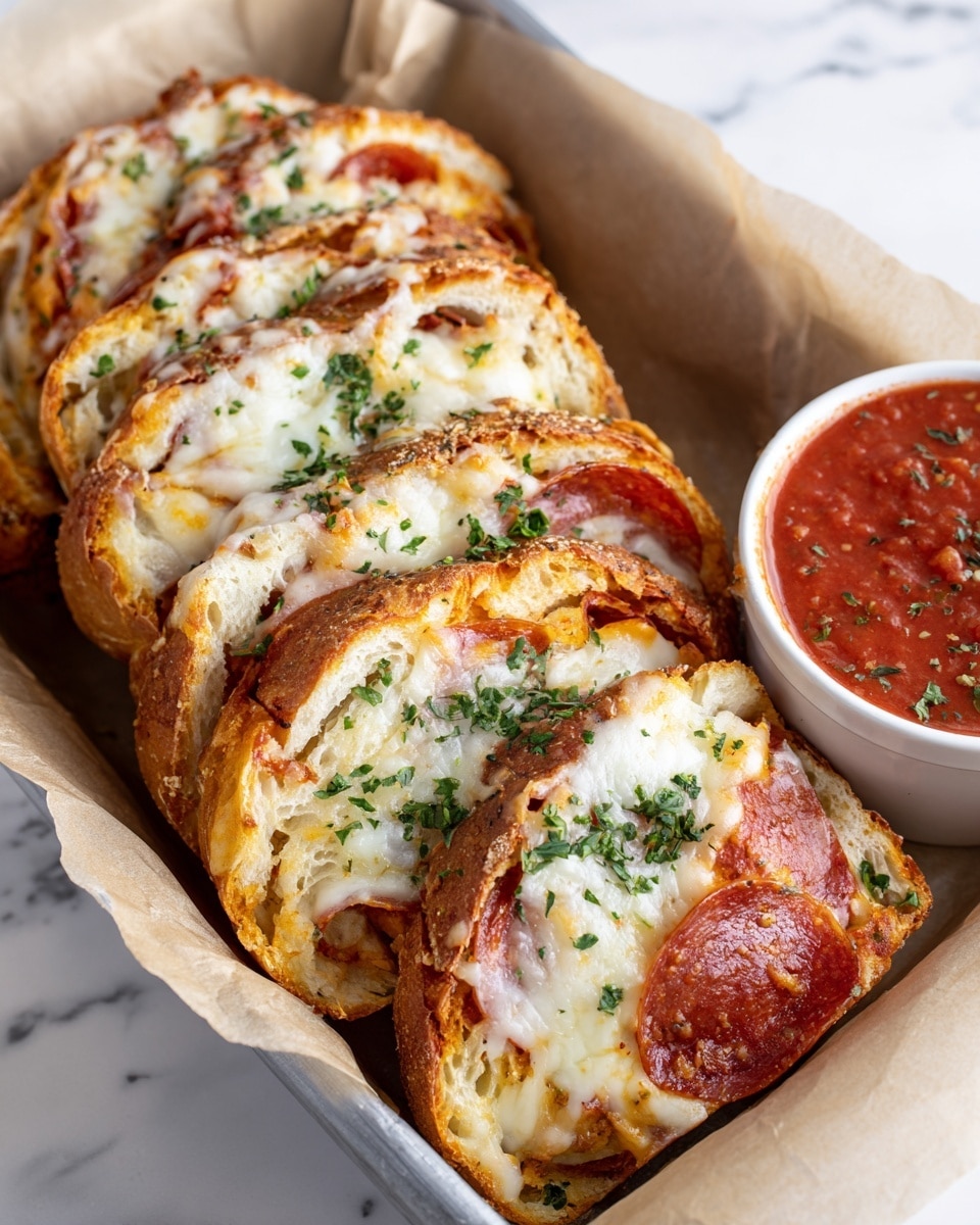 The image shows several slices of a pepperoni and cheese stuffed bread arranged closely in a metal tray lined with brown parchment paper. Each slice has a golden-brown crust topped with melted white cheese and finely chopped green herbs. Inside, there are layers of soft white bread, melted white cheese, and round, reddish-brown pepperoni slices. To the right, there is a small white cup filled with smooth red marinara sauce with specks of black herbs. The tray is set on a white marbled surface. photo taken with an iphone --ar 4:5 --v 7
