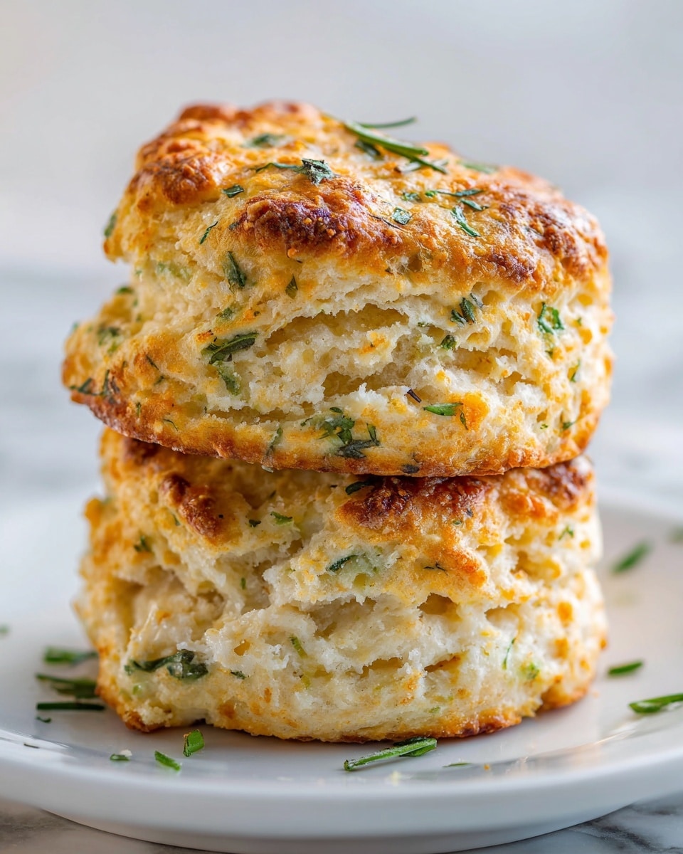 The image shows two round, golden brown biscuits stacked on top of each other on a white plate, placed on a white marbled surface. Each biscuit has a flaky texture with visible layers, showing a crisp and slightly browned top with small green herbs scattered both inside the biscuits and on top. The biscuits have a soft interior with bits of white cheese or egg mixed in, and slightly crispy edges that reveal a tender, blended inside. Small green herb pieces are also sprinkled around the plate, adding a fresh touch. Photo taken with an iphone --ar 4:5 --v 7