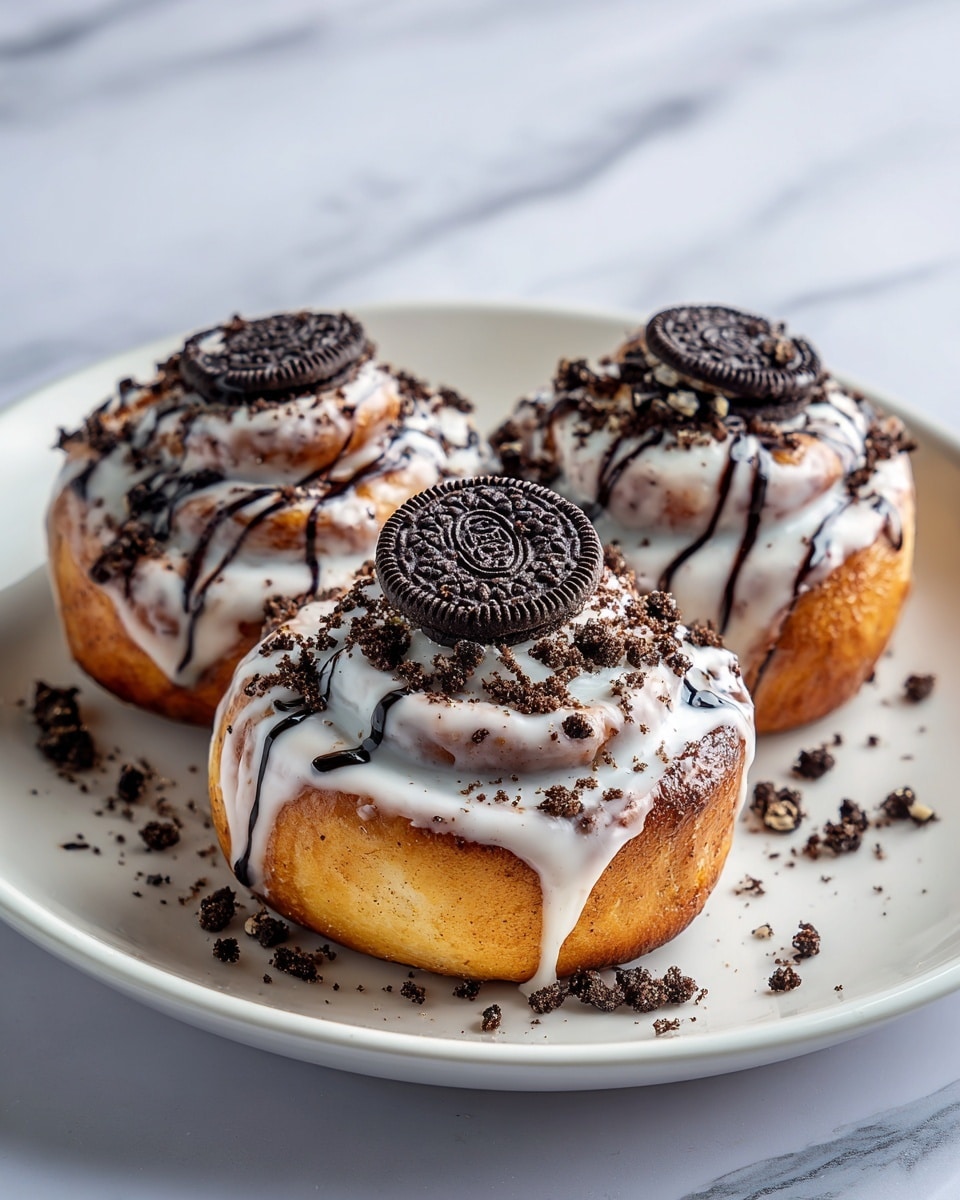 Three golden-brown cinnamon rolls are placed on a white plate with a white marbled texture under it. Each roll is topped with a thick layer of white icing that drips down the sides, along with dark brown crumbled cookie bits scattered over the icing and plate. On top of each cinnamon roll, there is a full dark chocolate cookie with a detailed pattern. The rolls have a soft, slightly shiny texture with swirls visible beneath the icing. Photo taken with an iphone --ar 4:5 --v 7