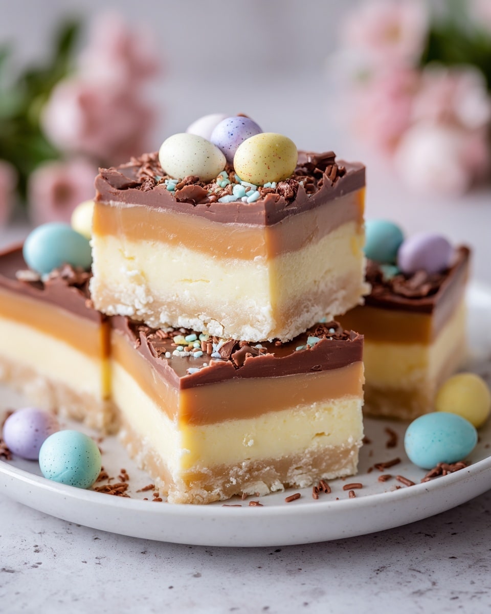 This image shows several square dessert bars stacked on a white plate. Each bar has three clear layers: a thick, pale yellow base layer with a crumbly texture, a middle caramel-colored smooth layer, and a top light brown layer of chocolate. The top chocolate layer is sprinkled with small pastel-colored candy eggs in pink, yellow, purple, blue, and white, along with chocolate shavings and small pieces of crushed candies. The plate is set on a white marbled surface with some blurred pink flowers in the background. Photo taken with an iphone --ar 4:5 --v 7