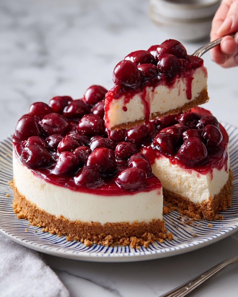 A round cheesecake with a dark brown crumbly base layer, a thick white creamy middle layer, and topped with a glossy, deep red cherry layer filled with whole cherries. A slice is taken out, showing the clear separation of three layers. The cheesecake sits on a white plate with blue rings, placed on a white marbled surface. A silver fork lies next to the cheesecake. Photo taken with an iphone --ar 4:5 --v 7