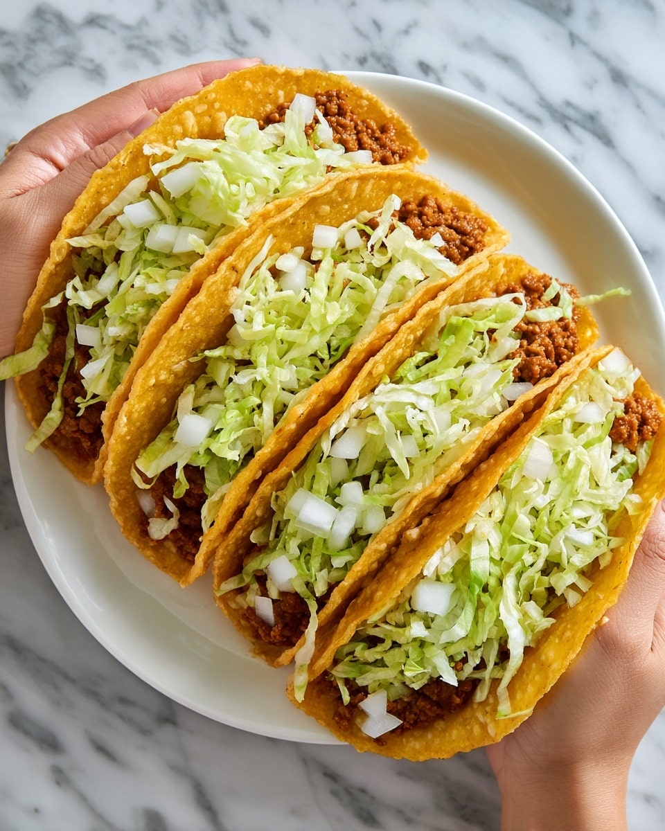 A white round metal plate holds three tacos placed side by side, each with three visible layers: a golden yellow crispy corn shell at the bottom, a thick layer of reddish-brown refried beans spread evenly, and a top layer of finely shredded pale green lettuce with small bits of white onion sprinkled on it. A woman's hand is reaching from the right side of the image, gently holding the taco closest to her. The scene sits on a white marbled surface, and the photo was taken with an iphone --ar 4:5 --v 7