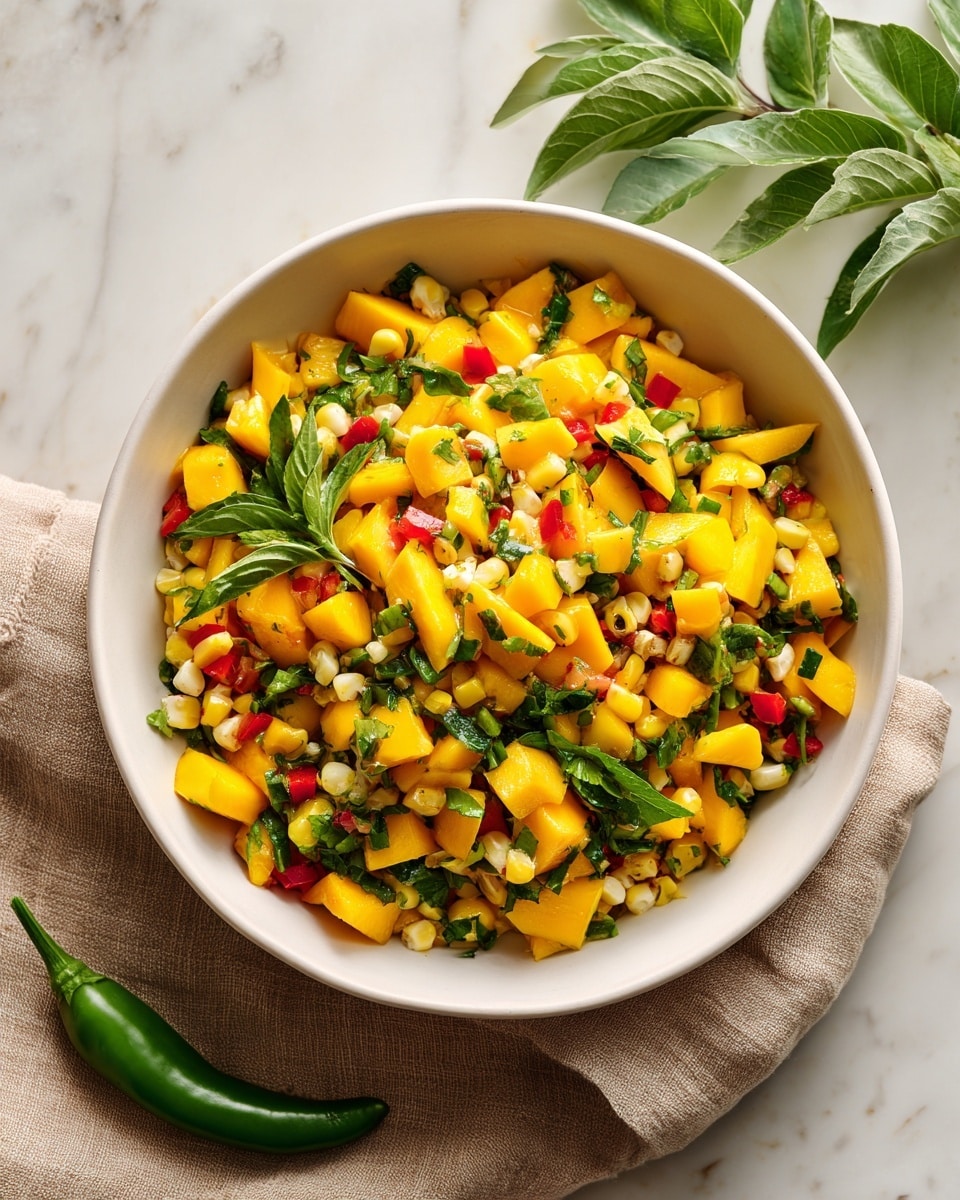 A white bowl filled with a colorful mix consisting of yellow mango chunks, white corn kernels, small green lentils, and diced red bell peppers. The ingredients are evenly mixed, showing a variety of bright colors and fresh textures. The bowl sits on a brown textured fabric with green chili peppers and a cut mango nearby. The background is a white marbled surface. Photo taken with an iphone --ar 4:5 --v 7