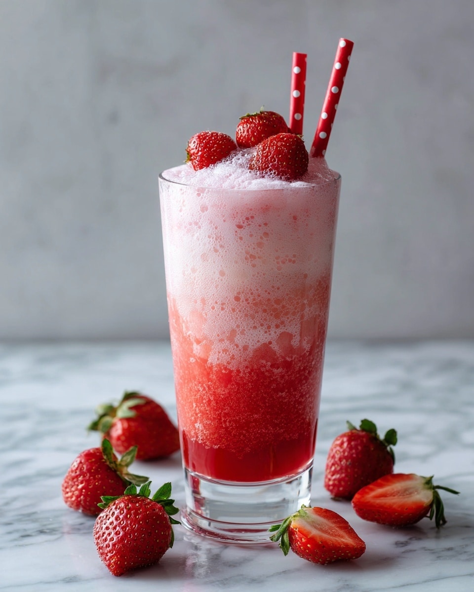 A tall clear glass filled with a layered strawberry drink stands on a white marbled surface, surrounded by fresh whole and halved strawberries. The bottom layer is a thick, bright red syrup, followed by a middle layer of light pink creamy strawberry mixture with visible small red specks, topped with frothy foam. On the frothy top, several halved strawberries are placed as garnish. Two red straws with white polka dots are inserted into the glass, adding a playful touch. The overall look is fresh and inviting. Photo taken with an iphone --ar 4:5 --v 7