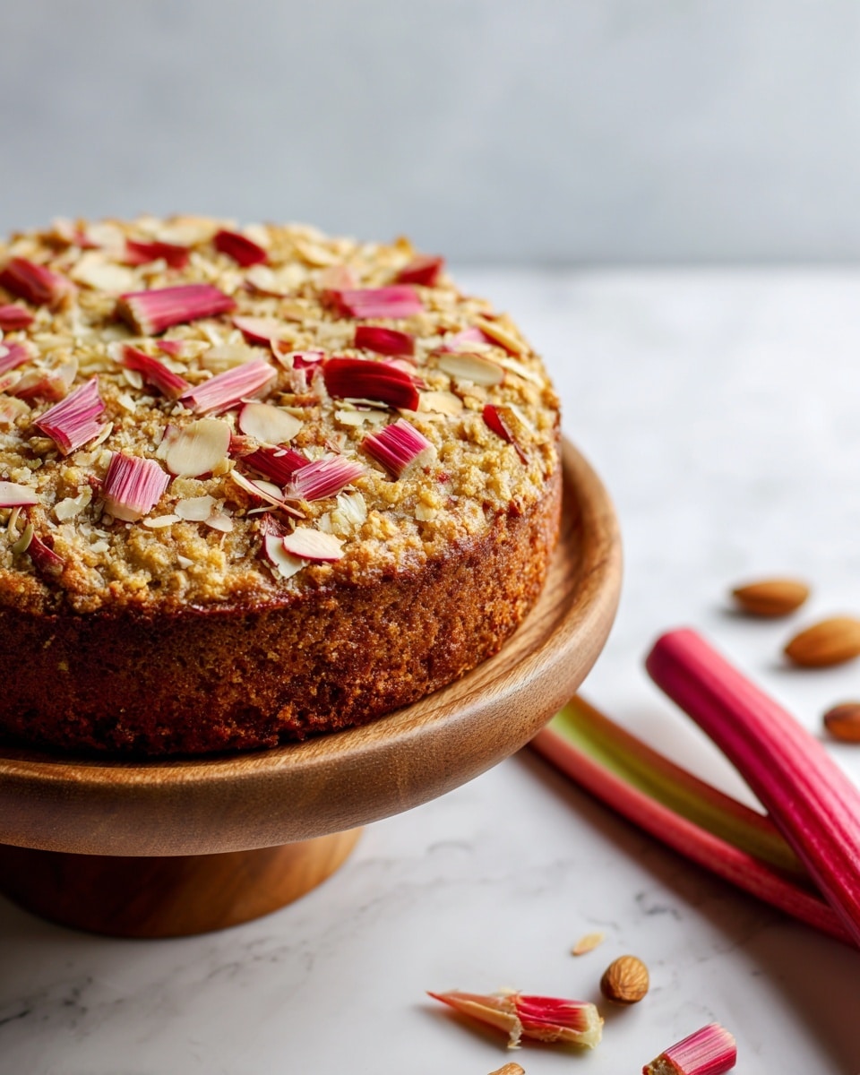A round, golden-brown cake sits on a white wooden cake stand, topped with scattered sliced almonds and small pieces of pink and white rhubarb. The cake has a textured, slightly crisp edge, with the almonds adding a crunchy layer on the top. The pink rhubarb pieces add a splash of color, contrasting with the light, golden baked surface. The white marbled background shows a few whole rhubarb stalks placed casually beside the stand, along with a folded rust-colored cloth near the base. photo taken with an iphone --ar 4:5 --v 7