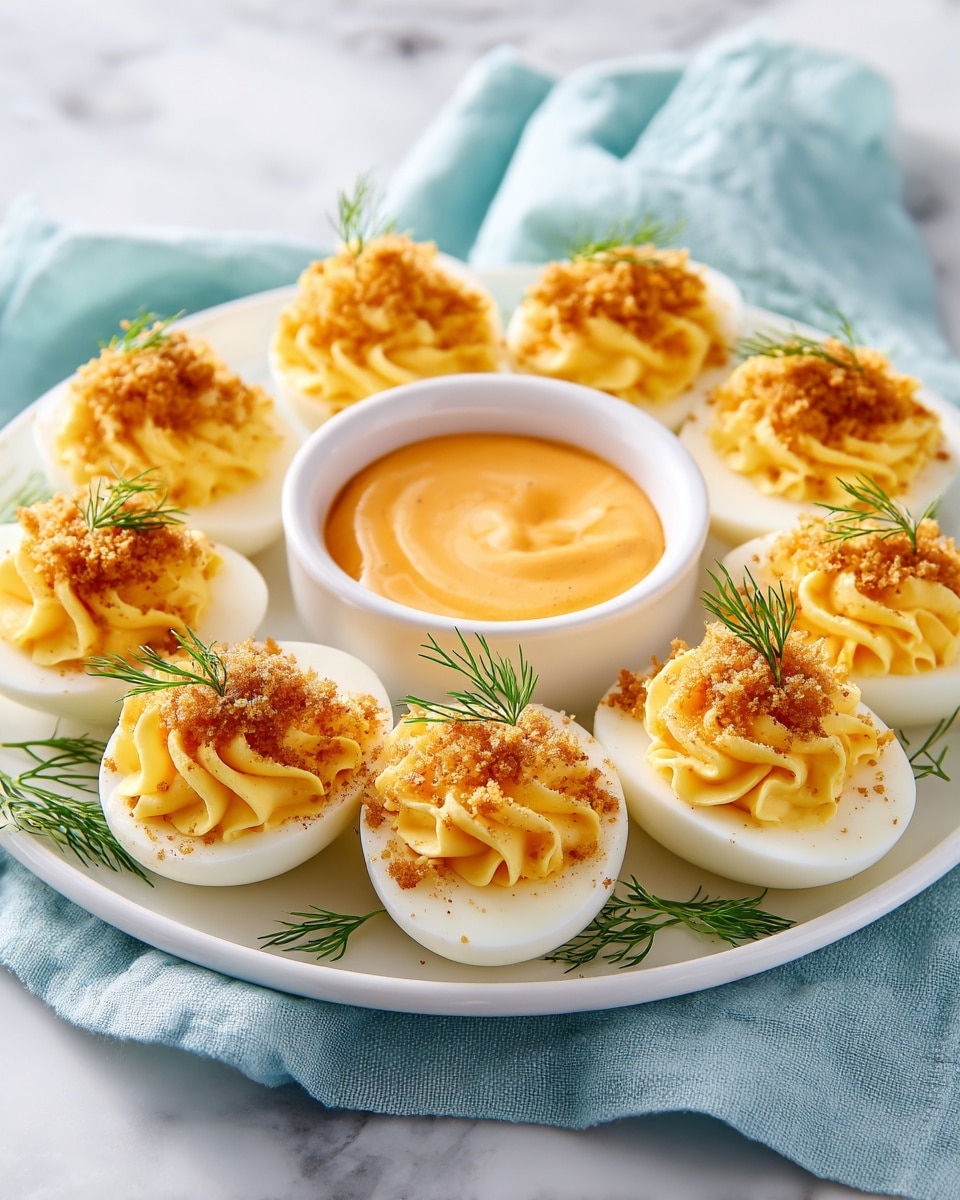 A round white plate holds nine deviled eggs arranged in a circle around a small round bowl filled with smooth orange dipping sauce in the center. Each deviled egg has a base layer of white egg white, topped with a thick swirled layer of pale yellow, creamy egg yolk mixture. On top of each is a crumbly golden brown topping and a small sprig of fresh green dill, adding color and texture. The plate is set on a white marbled surface with a soft blue textured cloth beside it. Photo taken with an iphone --ar 4:5 --v 7