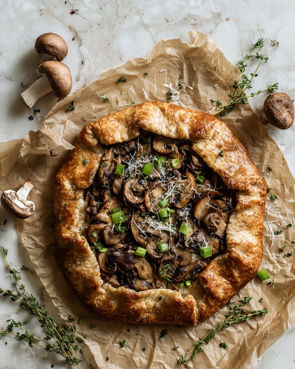 A rustic round galette with a thick, golden-brown crust folded over the edges, showing a slightly flaky texture with sprinkled coarse salt on top; inside, there is one main layer of cooked, dark brown sliced mushrooms spread evenly, mixed with thin slices of light green and white scallions scattered on top and throughout; fresh small green herb sprigs are lightly placed on and around the mushroom layer, adding bursts of green color; the galette is placed on crumpled brown parchment paper on a dark surface with whole raw mushrooms and green herb sprigs nearby as garnish. photo taken with an iphone --ar 4:5 --v 7