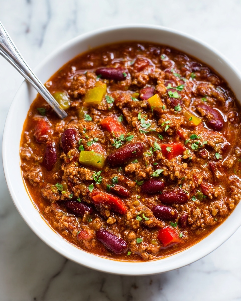 A close-up image of a silver bowl filled with chunky chili. The chili has several layers: the base is a thick brown meat sauce mixed with red kidney beans, topped with large pieces of yellow, green, and red bell peppers that add bright color. Small bits of red tomatoes and finely chopped green herbs are sprinkled on top. A spoon is placed inside the bowl, slightly dipped in the chili. The background is a white marbled surface. Photo taken with an iphone --ar 4:5 --v 7