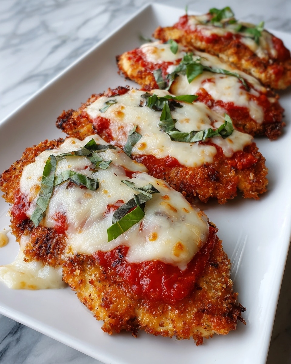 The image shows four pieces of chicken parmesan on a white rectangular plate, placed on a white marbled surface. Each piece features a crispy, golden-brown breaded chicken base topped with a layer of red marinara sauce. On top of the sauce, there is a generous layer of melted white mozzarella cheese with small green basil pieces scattered evenly, adding a touch of color. The cheese is slightly browned and bubbly around the edges, creating a rich texture contrast with the sauce and crispy chicken beneath. The pieces are arranged close to each other but not touching, with some melted cheese slightly spilled onto the plate. Photo taken with an iphone --ar 4:5 --v 7