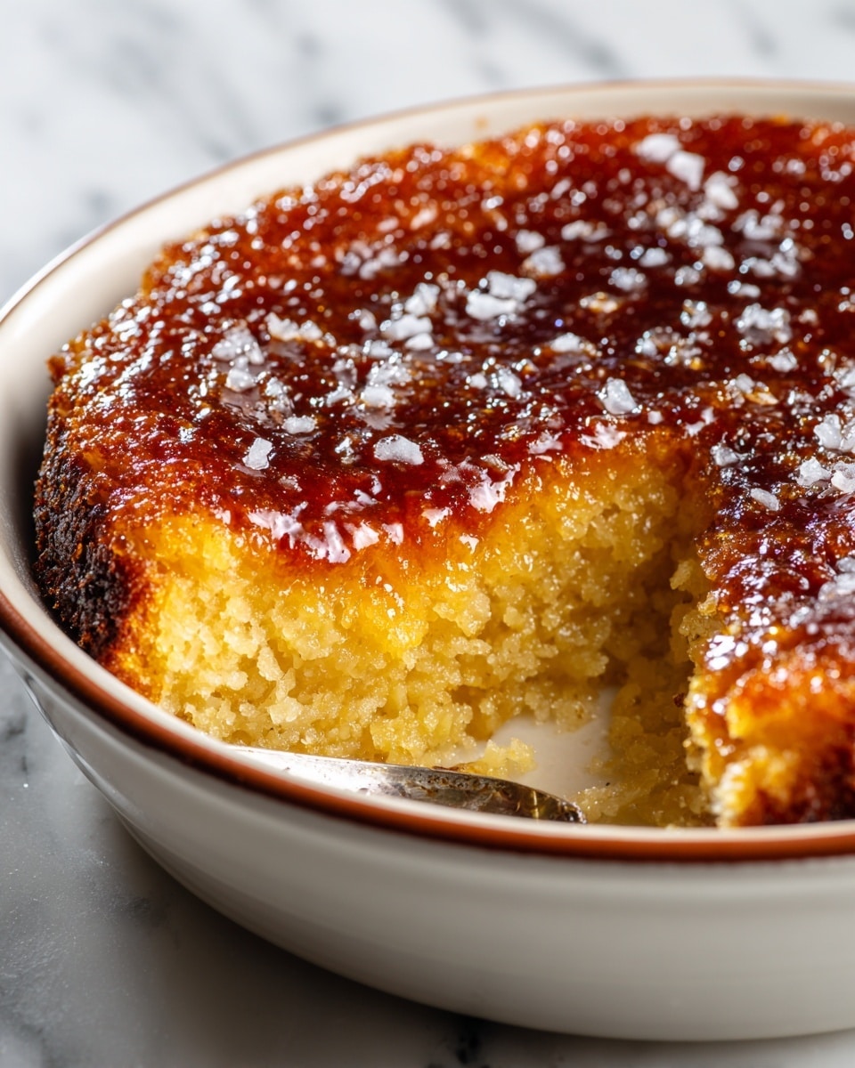 This close-up image shows a baked dessert in a white ceramic dish with a reddish-brown rim. The dessert has two main layers: the bottom layer is soft and yellow with a moist, crumbly texture, while the top layer is a darker, caramelized crust with a golden brown color speckled with granules of coarse white sugar. The top crust looks slightly sticky and uneven, as if it has a sugary syrup glaze. The dish sits on a white marbled surface. photo taken with an iphone --ar 4:5 --v 7