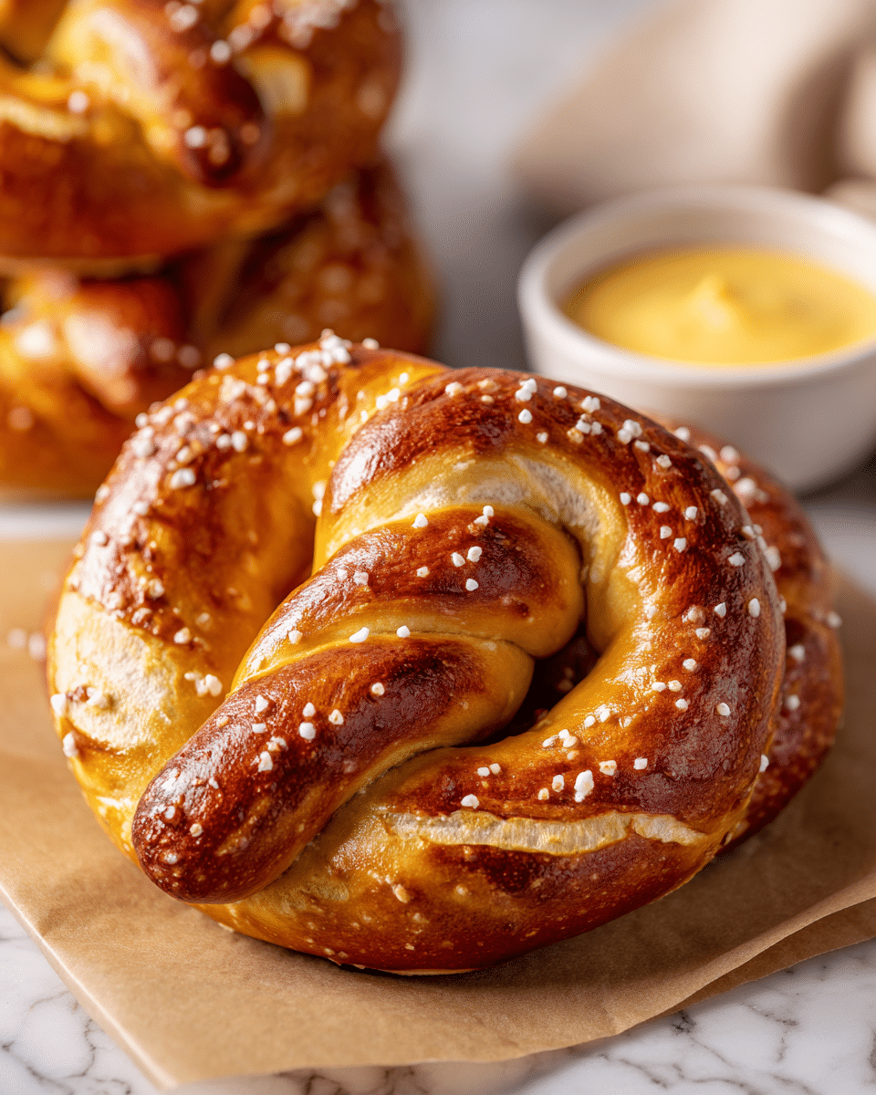 A close-up of a shiny, golden brown soft pretzel with a twisted knot shape, sprinkled with coarse salt crystals on its surface. The pretzel has a glossy texture showing the baked dough layers and is placed on a piece of brown paper, resting on a white marbled surface. Behind the front pretzel, more pretzels are stacked and blurred, while to the right there is a small white bowl filled with smooth, creamy yellow mustard sauce. photo taken with an iphone --ar 4:5 --v 7