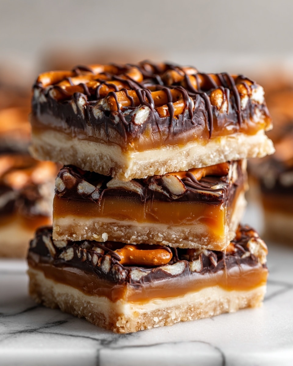 The image shows a close-up of two stacked square dessert bars placed on a white marbled surface. Each bar has three layers: the bottom layer is a light beige, crunchy base, the middle layer is a thick, gooey caramel that oozes slightly at the edges, and the top layer is made up of whole small pretzels arranged flat, with dark chocolate drizzled in thin, wavy lines over the pretzels and caramel. The bars look sticky and sweet with a mix of smooth and crunchy textures. Photo taken with an iphone --ar 4:5 --v 7