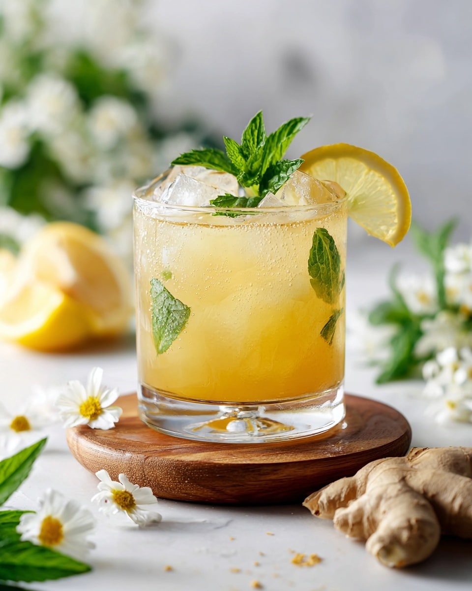 A clear glass filled with a golden-yellow drink with ice cubes and fresh green mint leaves inside, garnished with a lemon wedge on the rim, resting on a round wooden coaster placed on a white marbled surface. In the soft blurred background, there are pieces of ginger, a halved lemon, green leaves, and white flowers sprinkled around, creating a fresh and bright setting. Photo taken with an iphone --ar 4:5 --v 7