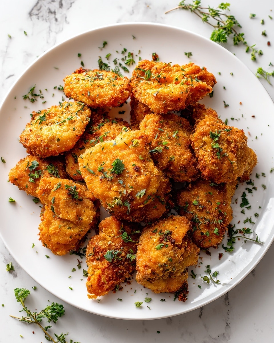 A pile of around fifteen golden-brown fried chicken nuggets with a crispy, textured coating is placed in the center of a white plate. The nuggets have varied irregular shapes and are sprinkled with small pieces of fresh green herbs on top. The plate sits on a white marbled surface scattered with additional herb leaves around it, creating a fresh and simple presentation. photo taken with an iphone --ar 4:5 --v 7
