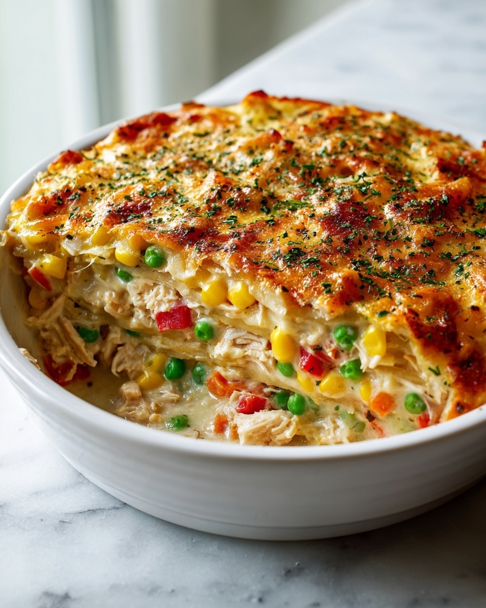 A white bowl filled with a creamy chicken casserole sits on a white marbled surface near vertical blinds. At the bottom layer, there are visible pieces of shredded chicken mixed with bright orange carrots, yellow corn, and green peas. The middle layer appears creamy and cheesy, giving a smooth texture that binds the vegetables and meat. The top layer is golden with melted cheese, slightly crispy and sprinkled with green herbs, adding a fresh color contrast. A woman's hand is about to hold the bowl. Photo taken with an iphone --ar 4:5 --v 7