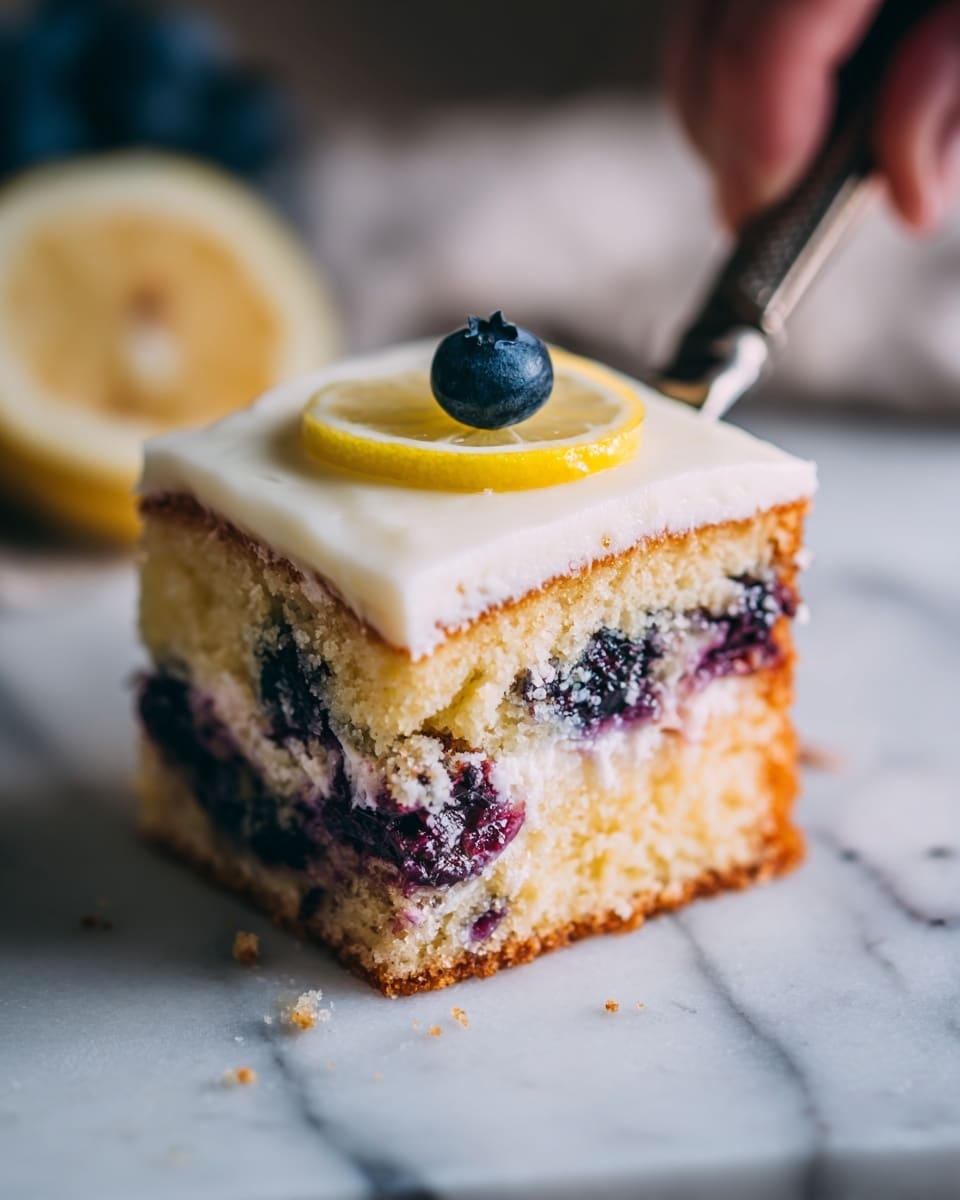 A close-up of a square cake slice with three visible layers: the bottom layer is a golden brown cake base, the middle layer has dark blueberry pieces embedded inside the cake, and the top layer is a smooth, light white frosting covering the whole slice and the surrounding cake. On the top surface of the slice, there is a small, bright yellow lemon slice and a single dark blue blueberry placed near the corner. The cake is on a white marbled surface with a woman's hand holding a butter knife near the top right corner. Photo taken with an iphone --ar 4:5 --v 7