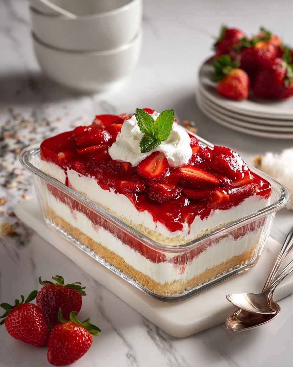 The dish is a clear glass rectangular tray showing a dessert with four visible layers: a bottom light golden brown cake, followed by a thick white creamy layer, then a thin bright red strawberry jelly layer, topped with a thick fluffy white whipped cream layer and a shiny red strawberry topping made of sliced strawberries covered in syrup, garnished with a small green mint leaf. The tray is set on a white marbled textured surface with fresh whole strawberries and a stack of white bowls with a spoon behind it. Photo taken with an iphone --ar 4:5 --v 7