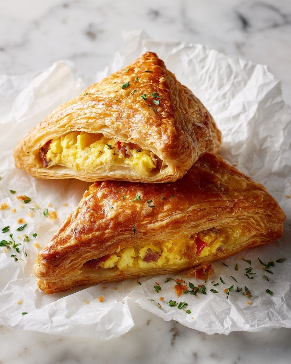 Two golden brown puff pastries with visible layers, placed on crinkled white parchment paper over a white marbled surface. The top pastry is triangular with multiple thin, crispy layers on the edge and a glossy, slightly bubbled surface. It reveals a filling of soft yellow scrambled eggs mixed with browned sausage bits inside. The bottom pastry is rectangular, showing similar flaky layers on the side and a shiny, browned top. The filling includes yellow scrambled eggs, pieces of browned sausage, and small chunks of red bell pepper. Small green herb bits are scattered for garnish near the pastries. photo taken with an iphone --ar 4:5 --v 7
