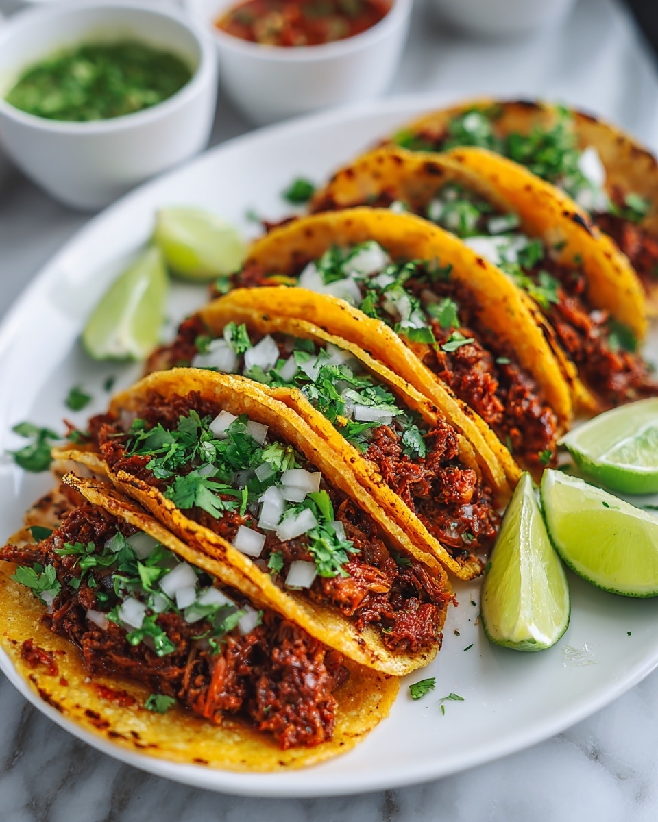 A white plate holds eight folded yellow corn tortillas filled with shredded dark brown meat cooked in a rich sauce, each topped with small white onion pieces and chopped green cilantro. The tacos are arranged in two neat rows leaning on each other, with bright green lime wedges placed on the right side of the plate. In the blurred background, two white bowls contain green and red sauces. The whole scene sits on a white marbled surface. photo taken with an iphone --ar 4:5 --v 7