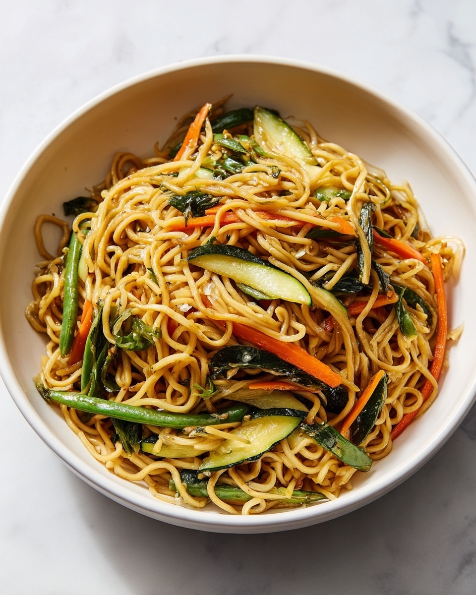 A white shallow bowl filled with stir-fried noodles that are golden brown and slightly glossy. The noodles are mixed with several pieces of cooked vegetables including bright orange carrot cubes, green zucchini slices, and dark green leafy vegetable bits. The noodles and vegetables are spread evenly with some noodles slightly twisted around the vegetables, giving a textured look. The bowl is placed on a white marbled surface. photo taken with an iphone --ar 4:5 --v 7
