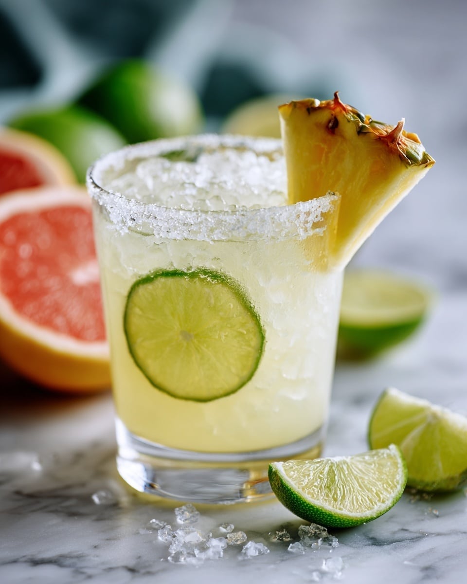 The image shows a clear glass filled with a pale yellow drink that looks icy and slightly frothy at the top. The rim of the glass is coated with salt. A slice of green lime is placed on the rim alongside a trapezoid-shaped piece of pineapple with a bit of the skin still on. The drink rests on a white marbled surface with blurred background objects including a halved pink grapefruit and some green lime slices. A woman's hand is gently holding the glass from the side. Photo taken with an iphone --ar 4:5 --v 7