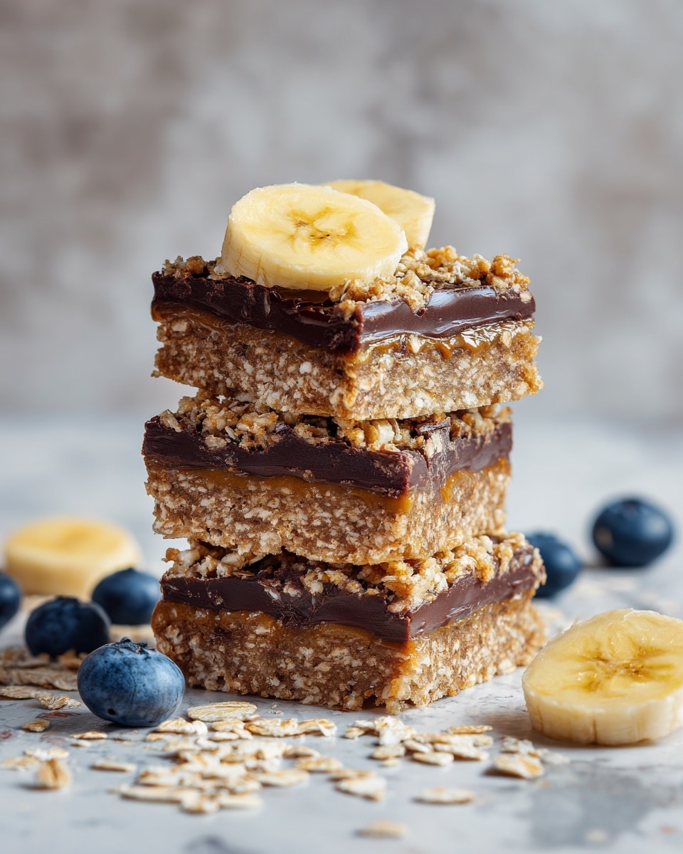 Three stacked oat bars with a rough texture show three main layers: a bottom crumbly oat layer with a light brown color, a middle thick dark chocolate layer that looks soft and gooey, and a top layer of sticky oats with two round banana slices placed on the top bar. Around the stack are scattered oat flakes, a few blueberries, and an extra banana slice on the right. The background is a white marbled texture. photo taken with an iphone --ar 4:5 --v 7