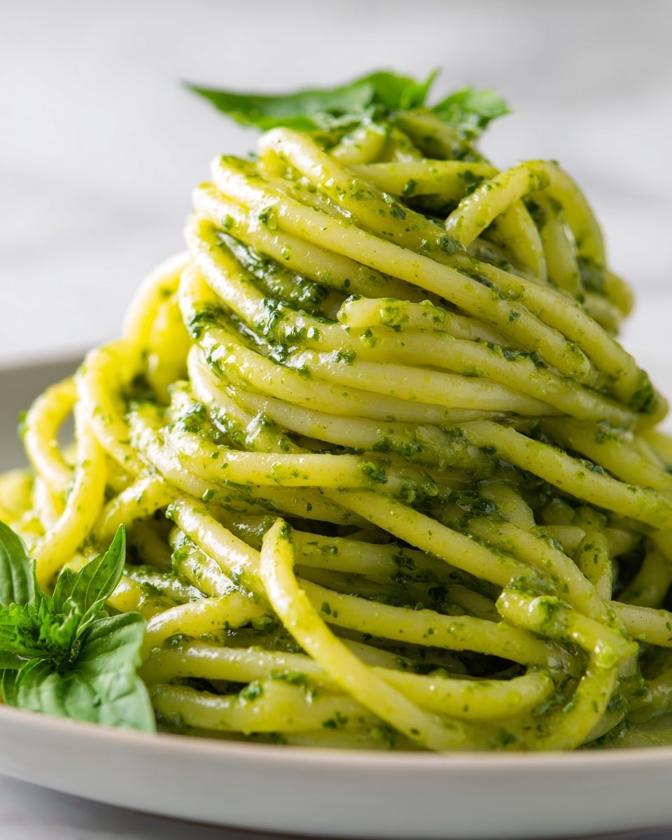 A close-up view of a tall pile of spaghetti coated in a rich, glossy green pesto sauce, with the noodles twisted and layered tightly on a white plate. The vibrant green sauce clings smoothly to every strand, giving a slightly oily shine. In the blurred background, fresh spinach leaves provide a hint of fresh green color. The whole scene rests on a white marbled surface, highlighting the brightness of the dish. photo taken with an iphone --ar 4:5 --v 7
