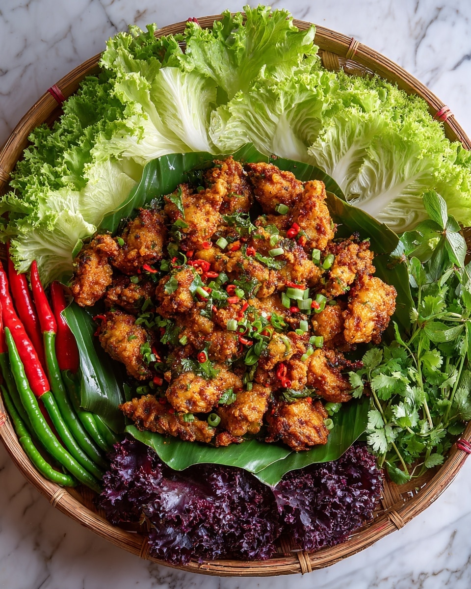 The image shows a round woven basket lined with green banana leaves filled with golden-brown fried chicken pieces that are crispy and coated with spices. The chicken pieces are layered in the center and garnished with small green onion slices, red chili flakes, and finely chopped herbs. Surrounding the chicken, there are fresh vegetables including pale green cabbage at the top, bright green long beans and whole red and green chilies to the left, curly dark purple and green lettuce leaves to the right, and a handful of fresh cilantro near the bottom right. The basket is placed on a white marbled textured surface. photo taken with an iphone --ar 4:5 --v 7