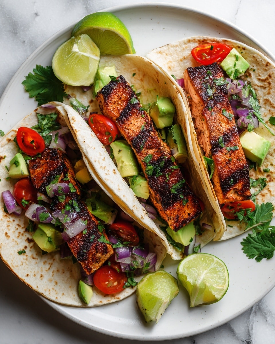 Three soft flour tortillas sit side by side on a white plate over a white marbled texture background. Each tortilla holds thick, grilled salmon pieces with distinct dark grill marks as the bottom layer. On top, chunks of bright green avocado and small red cherry tomato halves mixed with bits of purple onion and chopped cilantro add fresh color and texture. Two lime halves rest next to the tacos, and a small cilantro leaf decorates the edge of the plate. The overall look is vibrant, fresh, and appetizing. photo taken with an iphone --ar 4:5 --v 7