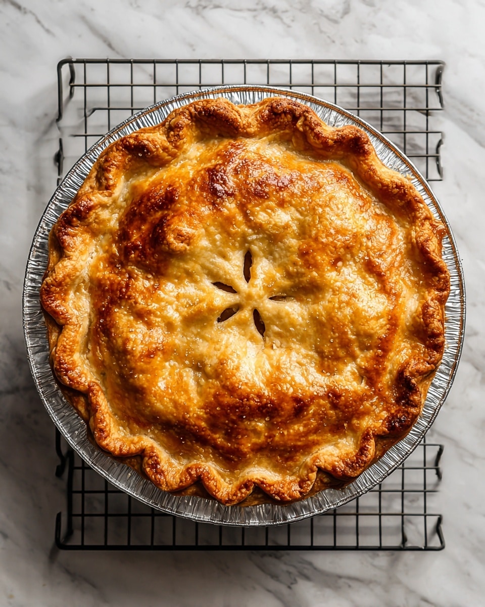 The image shows a whole round pie with a golden brown, baked crust that has a slightly bubbled texture and darker toasted spots, sitting in a shiny silver foil pie tin with a scalloped edge. The top crust is thick, with a rippled edge and small vent cuts arranged in a star shape in the center. The foil tin rests on a round cooling rack with thin metal bars, placed on a white marbled surface. The overall look is warm and freshly baked, with a crisp and flaky crust. photo taken with an iphone --ar 4:5 --v 7