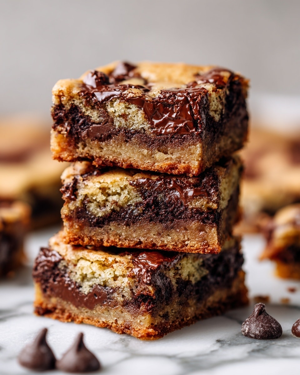 A stack of three square chocolate chip cookie bars is shown on a white marbled surface. Each bar has a light golden-brown top layer filled with semi-melted dark chocolate chips that create small glossy pockets across the surface. The middle layer reveals a rich, dense chocolate interior mixed with a soft, moist cookie dough texture in light brown with darker chocolate chunks embedded throughout. Around the stack, additional cookie bars are scattered, with a few loose chocolate chips on the surface. The bars have a slightly crumbly texture on the edges and appear thick and chewy. photo taken with an iphone --ar 4:5 --v 7