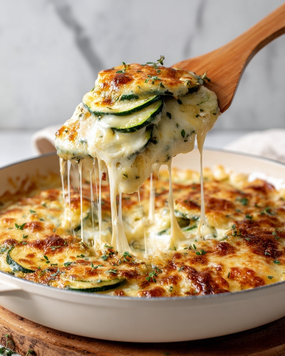 A dish in a round white baking dish filled with layers of green zucchini slices topped with a thick layer of melted, golden-brown cheese that is bubbly and slightly browned in spots. One layer shows zucchini slices covered in creamy white cheese with some green herbs sprinkled on top. A woman's hand is lifting a portion with a wooden spatula, and stringy, melted cheese stretches from the dish to the lifted portion. The background is a white marbled texture. photo taken with an iphone --ar 4:5 --v 7