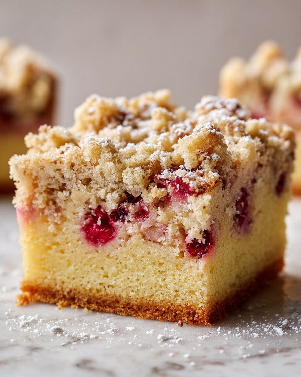 A close-up of a square slice of crumb cake placed on a white marbled surface, showing two main layers: the bottom layer is a soft golden-yellow cake with small bits of red fruit mixed in, and the top layer is a crumbly, light golden-brown streusel coating sprinkled with powdered sugar, with visible small red fruit pieces embedded throughout, creating a textured and slightly uneven surface. Photo taken with an iphone --ar 4:5 --v 7