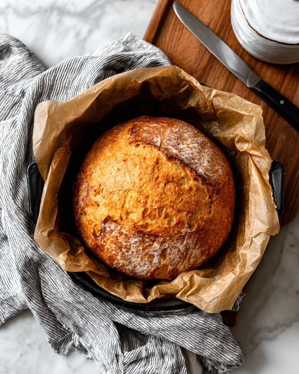 A round loaf of bread with a golden brown crust sits in a black metal pan lined with crinkled light brown parchment paper. The bread has a rough texture with darker toasted spots and natural cracks on the surface. The pan is placed on a white marbled surface with a wooden cutting board and a knife with a black handle nearby. A white ceramic container with a lid is also partially visible at the top right. A gray and white striped cloth is draped around the pan on the left side. Photo taken with an iphone --ar 4:5 --v 7