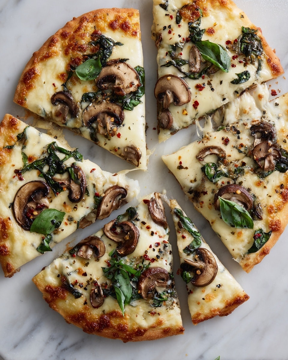 A close-up view of a pizza cut into six uneven slices on a white marbled surface, each slice showcasing a thick golden crust with slightly browned spots. The base layer is a smooth white melted cheese covering the entire crust. On top of the cheese, there are thinly sliced brown mushrooms and fresh dark green basil leaves scattered evenly across the pizza. The cheese has slight bubbling and golden brown spots, adding texture, with some red pepper flakes and small black herbs sprinkled lightly for seasoning. The pizza looks soft and fresh with a mix of creamy and earthy colors. Photo taken with an iphone --ar 4:5 --v 7