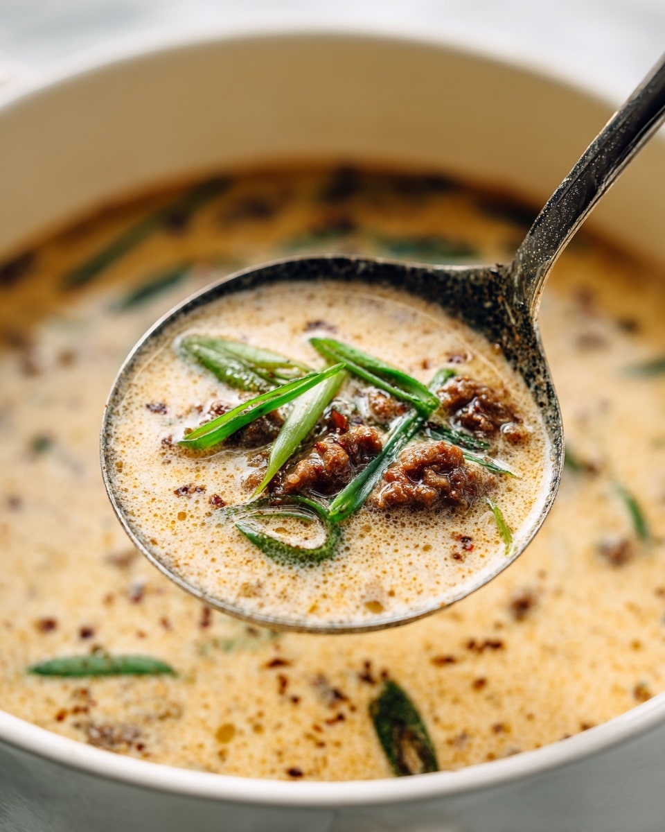 A close-up of a ladle filled with thick creamy soup that has a light beige color, textured with bits of darker brown pieces, likely ground meat or spices. Bright green sliced scallions float on top of the soup, adding contrast. The thick soup fills the ladle fully and looks smooth with small specks evenly spread across it. The background shows more soup in a white bowl with a white marbled texture beneath, providing a clean look. Photo taken with an iphone --ar 4:5 --v 7
