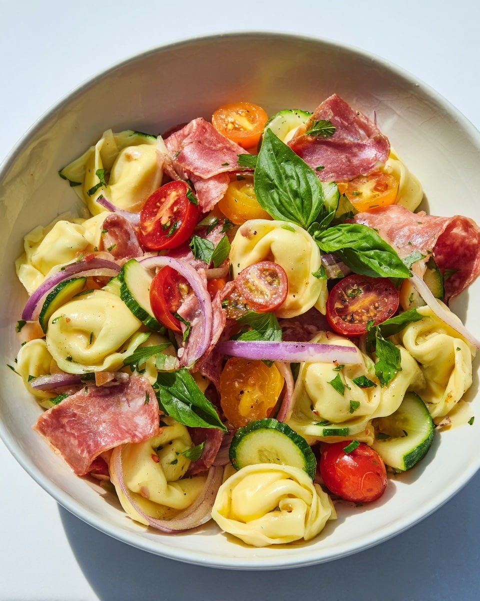 The dish shows a white bowl filled with tortellini pasta that is pale yellow with a smooth texture, mixed with slices of pink salami, red cherry tomato halves, and small bright green basil leaves. There are also thin slices of purple onion and pieces of green cucumber scattered throughout. The ingredients are layered evenly, with the pasta as the main base, and the colorful vegetables and cured meat spread on top, creating a fresh and vibrant salad look. photo taken with an iphone --ar 4:5 --v 7