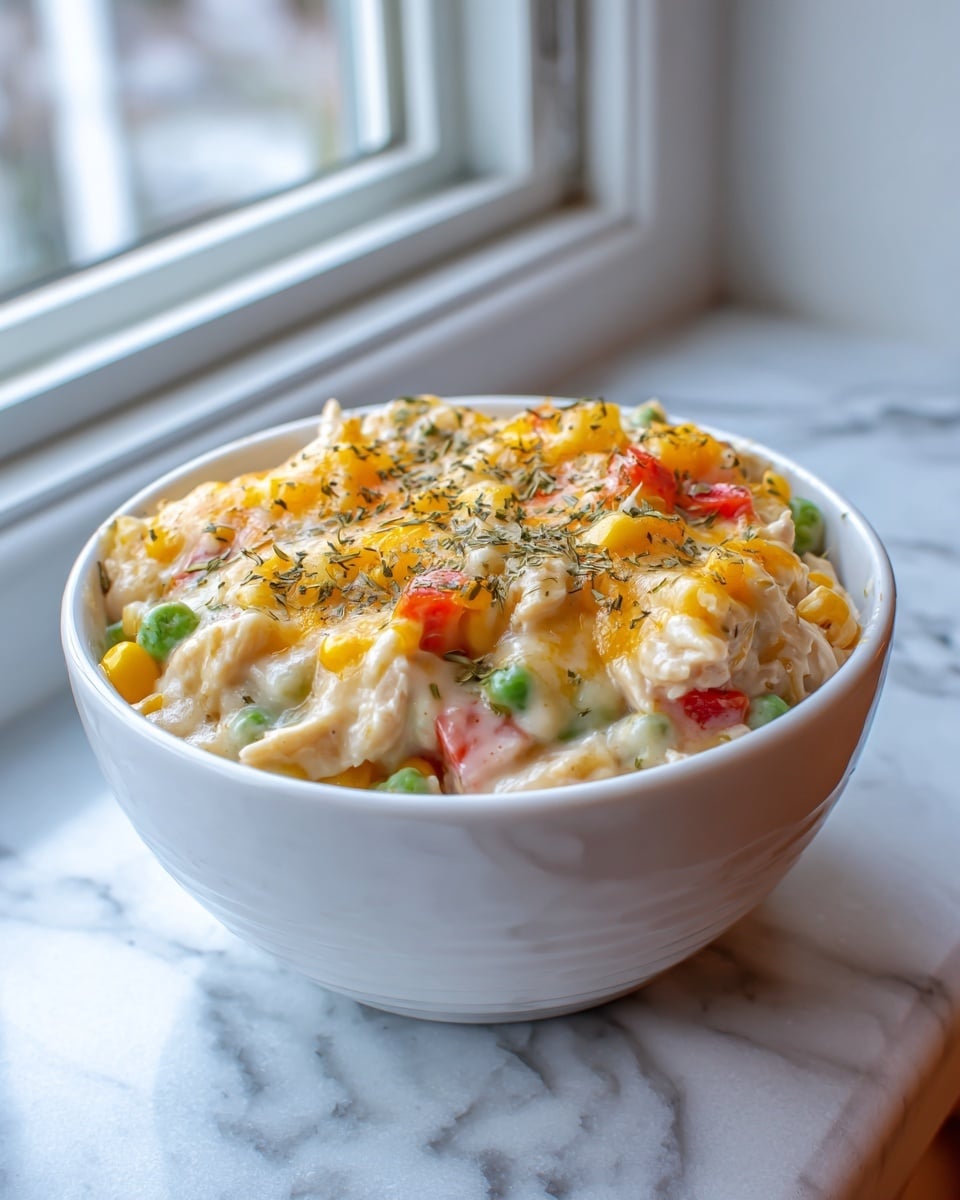 A white bowl filled with a creamy casserole featuring multiple layers visible on the surface, including chunks of shredded chicken mixed with peas, corn, and diced red bell peppers. The top layer is golden brown melted cheese with a sprinkle of dried herbs, creating a slightly crispy texture. The bowl sits on a white marbled surface beside a window with soft natural light. Photo taken with an iphone --ar 4:5 --v 7