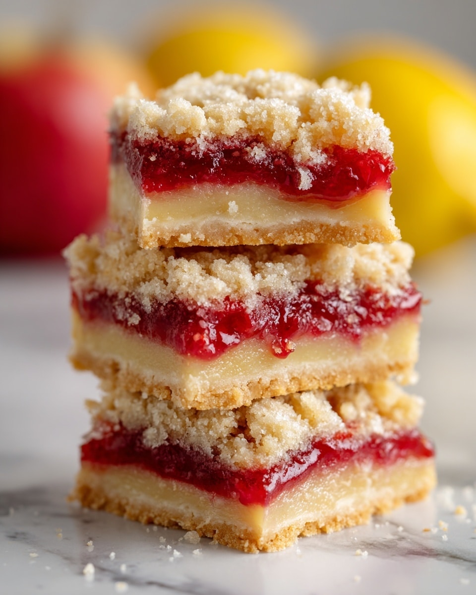 The image shows a stack of three dessert bars on a white marbled surface. Each bar has three layers: the bottom layer is a light golden crust, firm and crumbly; the middle layer is a bright red fruit jam, smooth and glossy; the top layer is a golden crumbly streusel with powdered sugar dusted on it. The bars are square-shaped, slightly thick, and have visible texture on the top layer giving a crunchy look. The background is softly blurred with hints of yellow lemons and red apples, enhancing the colors of the bars. Photo taken with an iphone --ar 4:5 --v 7