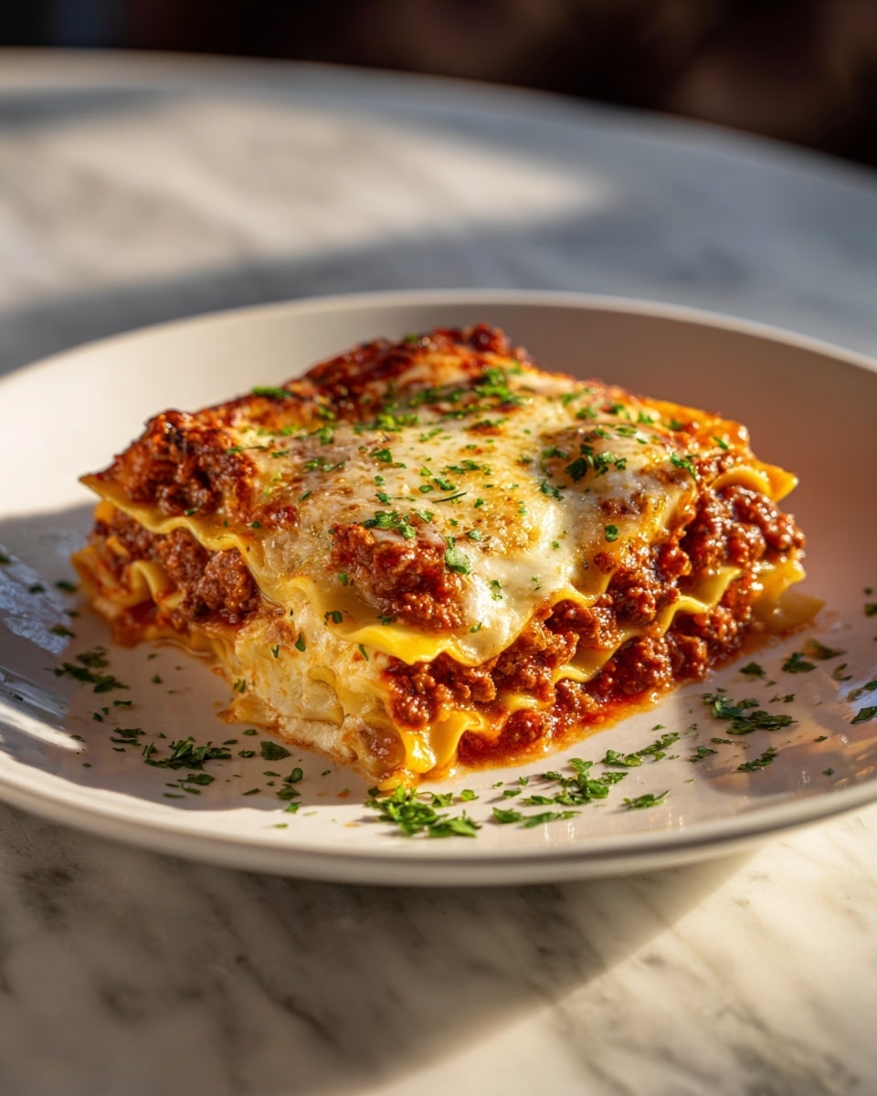 A thick, square slice of lasagna sits on a white plate, showing multiple layers: a bottom layer of rich red meat sauce, followed by a layer of smooth yellow pasta sheets, topped with melted white cheese mixed with hints of golden brown where it is slightly toasted, and sprinkled with bright green chopped parsley. The edges of the pasta are ruffled, and some parsley is scattered on the white marbled surface around the plate. The lighting is warm and soft, highlighting the texture of the melted cheese and the saucy layers. Photo taken with an iphone --ar 4:5 --v 7