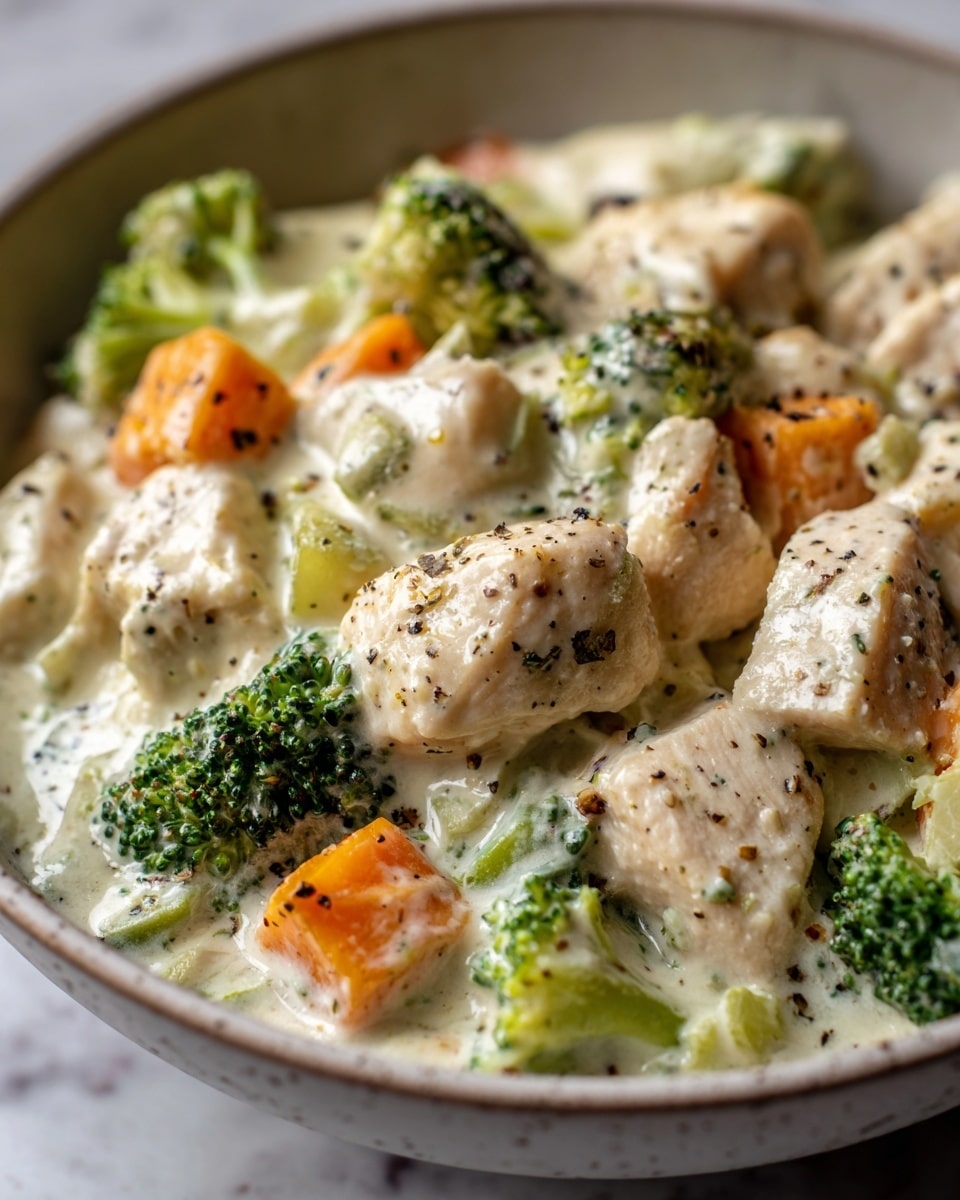 A close-up view of a creamy dish with chunks of light brown chicken on a white marbled surface. Mixed in are bright green broccoli florets and small cubes of orange carrots, all covered in a thick, white sauce speckled with black pepper and herbs. The textures show tender chicken pieces, soft broccoli, and smooth creamy sauce blending naturally. Photo taken with an iphone --ar 4:5 --v 7