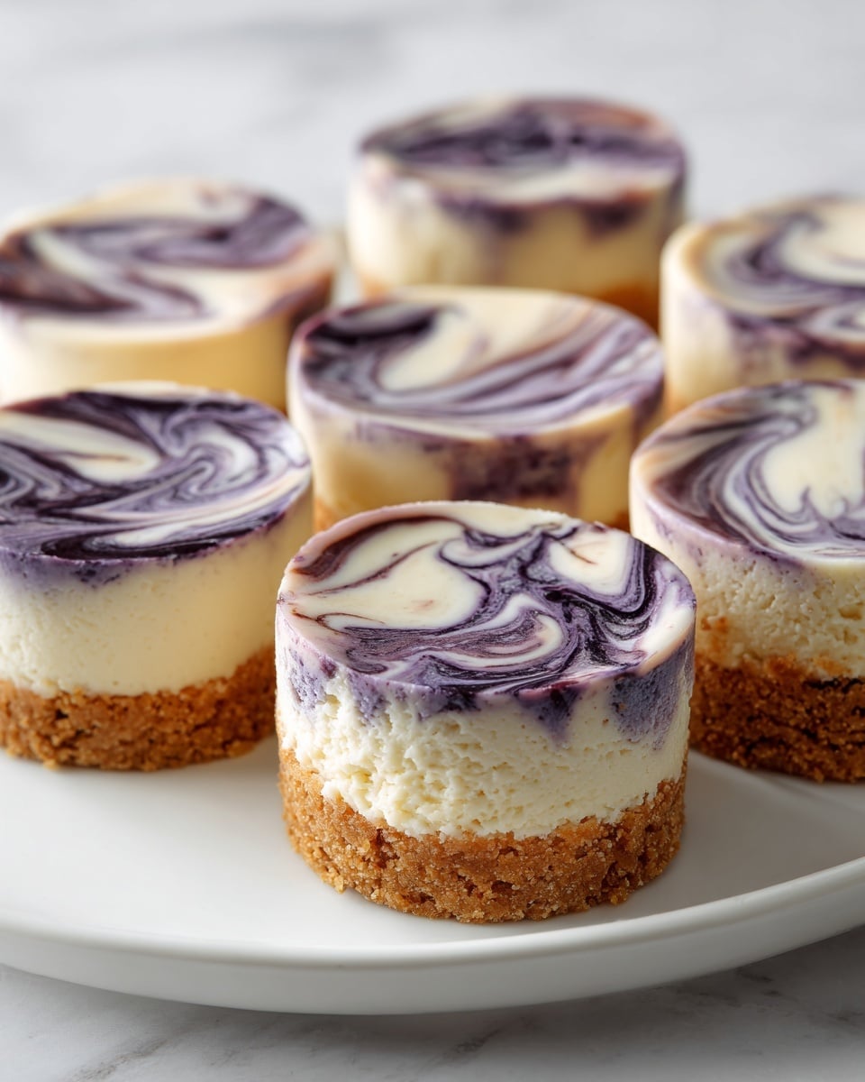 Six small round cheesecakes are arranged closely on a white plate. Each cheesecake has three visible layers: the bottom layer is a crumbly light brown crust, the middle layer is a smooth, creamy off-white cheesecake, and the top layer features a mix of dark purple and white swirls that create a marbled pattern. The purple swirls look glossy and slightly thick, contrasting with the soft texture of the cheesecake beneath. The plate is set on a white marbled textured surface. photo taken with an iphone --ar 4:5 --v 7